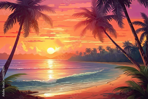 Holiday Summer Beach Background: Beautiful Sunset Beach - Vibrant and Serene Coastal Scene for Your Digital Projects