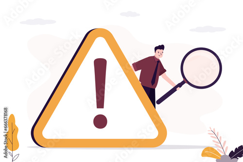 Businessman uses magnifying glass and investigate incident. Exclamation attention sign, incident or risk management, root cause analysis or solving problem,