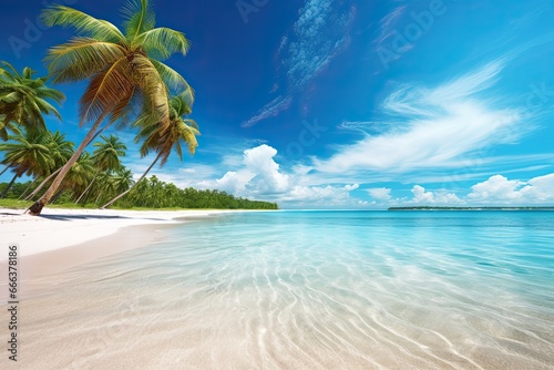 Holiday Summer Beach Background: Tropical Paradise with White Sand and Coco Palms