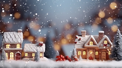 Christmas gingerbread house decoration during snowfall with golden lights on bokeh background © Bossseh