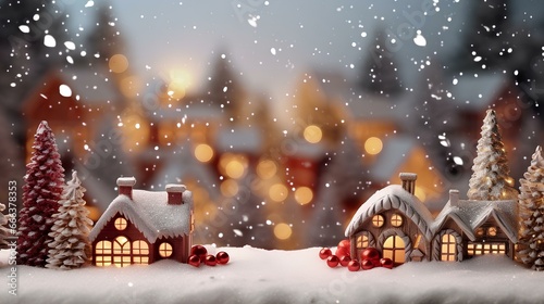 Christmas gingerbread house decoration during snowfall with golden lights on bokeh background © Ahmad