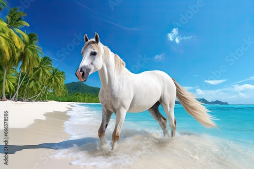 Horse on Beach: Tropical Paradise with White Sand and Coco Palms