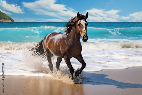 Horse on Beach: Captivating Image of Waves Crashing on Sandy Shoreline © Michael