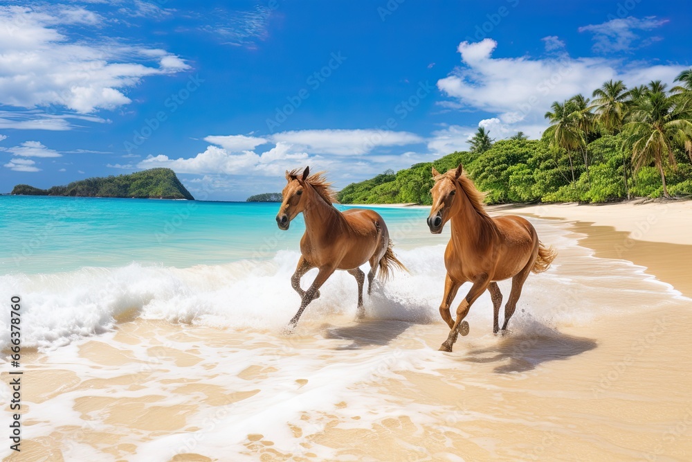 Horses Running on Beach: Nature Landscape View of Beautiful Tropical Beach and Sea in Sunny Day Horses Running on Beach: Nature Landscape View of Beautiful Tropical Beach and Sea in Sunny Day