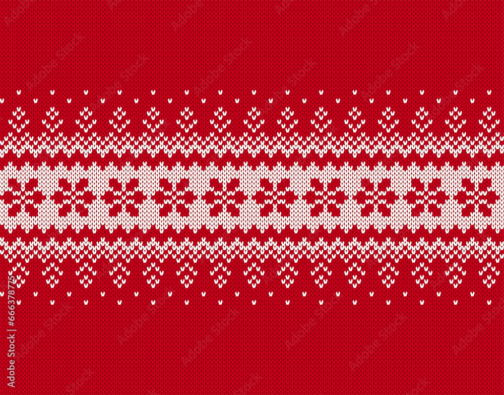 Knit Christmas pattern. Knitted seamless border. Red texture with snowflakes. Fair isle traditional ornament. Xmas print. Holiday background. Festive sweater. Vector illustration. - obrazy, fototapety, plakaty 