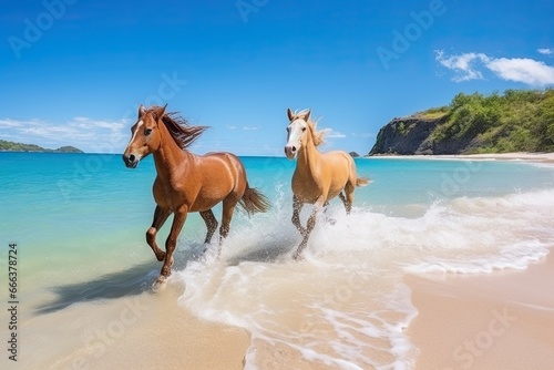 Horses Running on Beach: Stunning Nature Landscape of Beautiful Tropical Beach and Sea on a Sunny Day