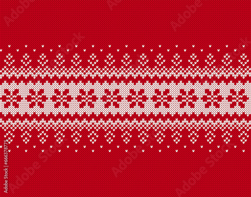 Knit Christmas pattern. Knitted seamless border. Red texture with snowflakes. Fair isle traditional ornament. Xmas print. Holiday background. Festive sweater. Vector illustration.