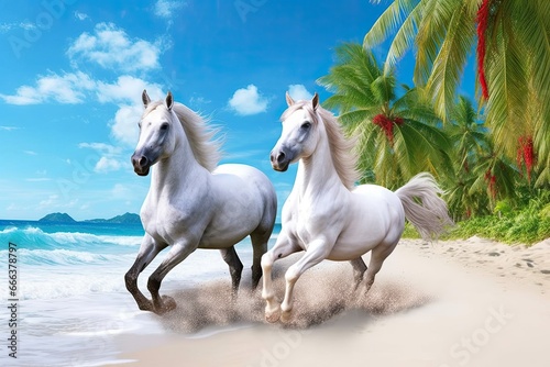 Horses Running on Beach: Palm Tree Tropical Beach with Blue Sky and White Clouds - Abstract Background