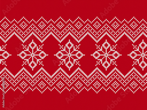 Xmas knitted geometric texture. Christmas seamless pattern. Vector. Red and white knit print. Winter sweater ornament. Holiday fair isle traditional background. Festive crochet.