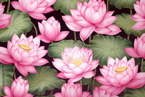 Lotus Pink Color  Tranquil Pond Pattern - Captivating Visual of Pink Lotus Blossoms in a Serene Pond