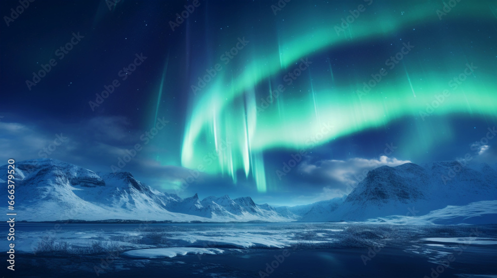 Northern Lights or aurora borealis, mountain landscape. Winter mood. Banner.