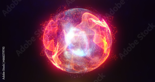 Abstract energy sphere with glowing bright particles, atom from energy scientific futuristic hi-tech background