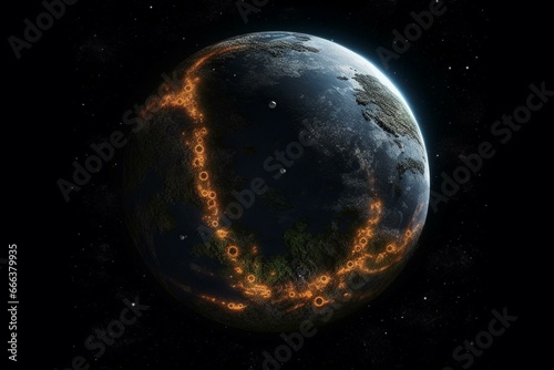 Artistic representation of a planet with carbon footprints circling it. Generative AI