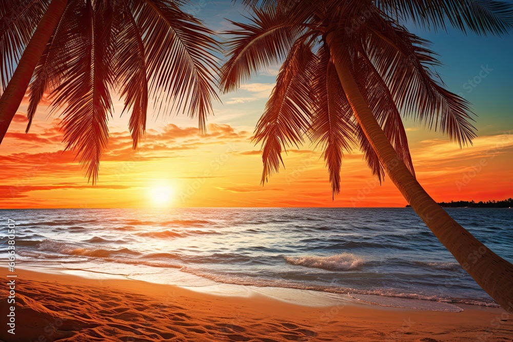 Palm Tree Beach Sunset: Closeup of Sea, Sand, and Beach Bliss