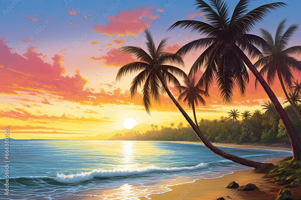 Palm Tree Beach Sunset: Panoramic Landscape of Breathtaking Beach