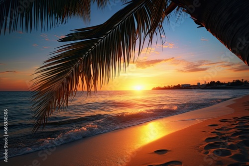 Palm Tree Beach Sunset  Closeup of Sea Sand Beach