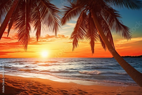 Palm Tree Beach Sunset  Closeup of Sea  Sand  and Beach Bliss