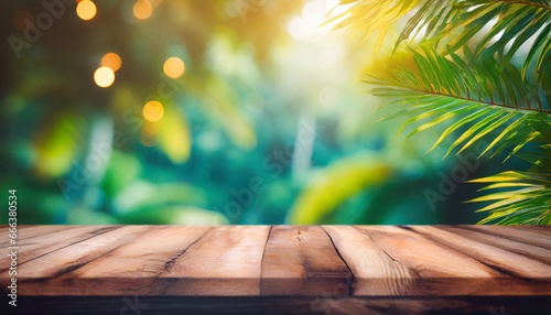 table with bokeh background, Serenade of Light: Blurred Forest with Wooden Table