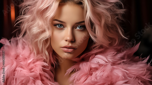 Portrait of a beautiful young afro blonde woman with a high hairstyle in pink feathers. Bright eye makeup, pink shadows, decorative cosmetics. Fashion glamor luxury background