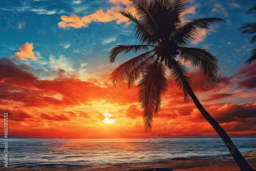 Orange and Golden Sunset Sky  Captivating Palm Tree Beach Sunset Image