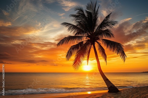 Palm Tree on Beach: Orange and Golden Sunset Sky on Beach - Breathtaking Tropical Paradise