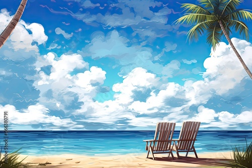 Palm Tree on Tropical Beach with Blue Sky and White Clouds - Abstract Background and Beach Chairs Drawing © Michael