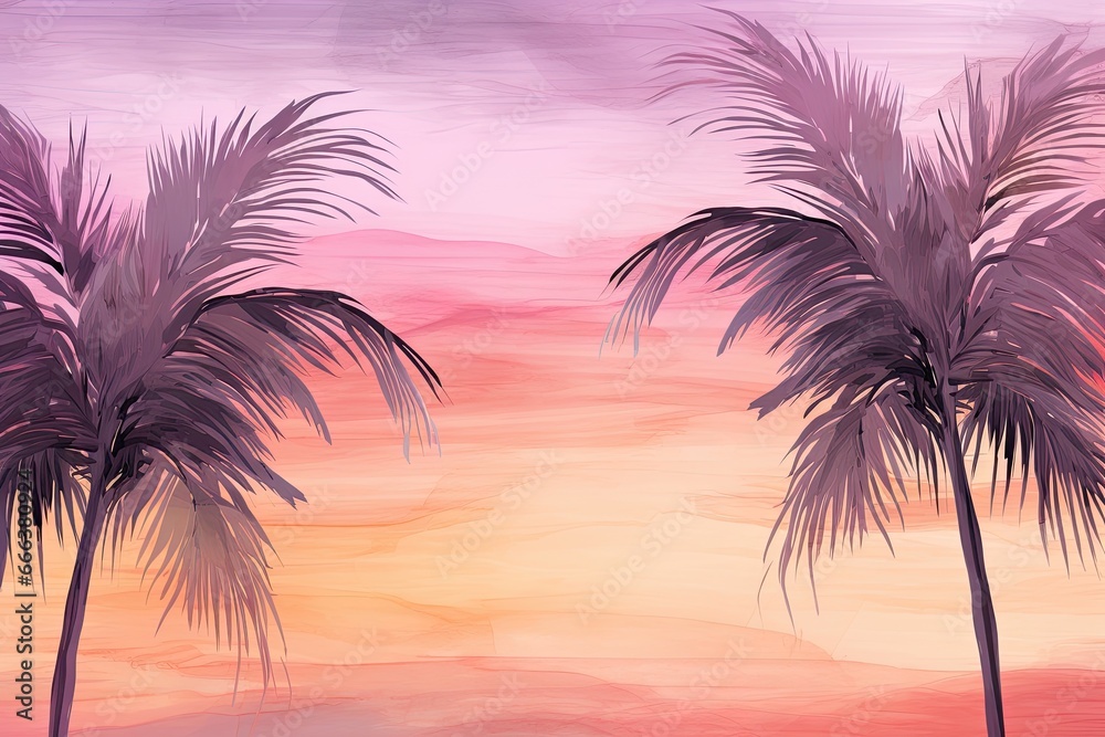 Stunning Palm Tree Sunset Wallpaper with Delicate Watercolor Background: A Breathtaking Tropical Artwork