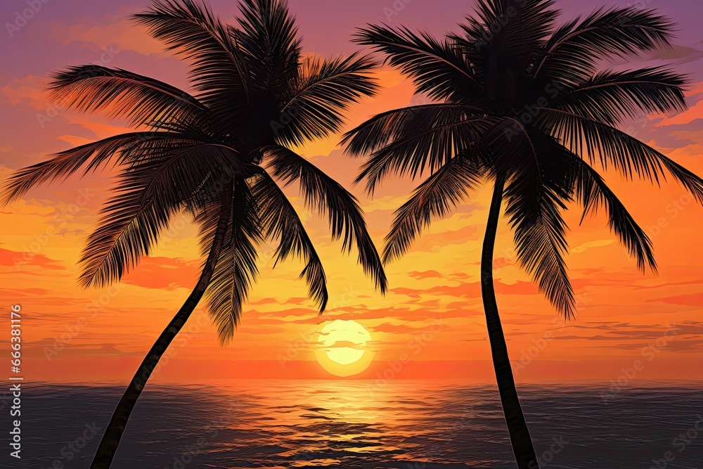 Golden Sunset Sky over Orange Palm Trees on Beach - Captivating Tropical Paradise Image
