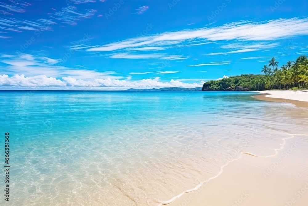 Panorama of a Beautiful White Sand Beach and Turquoise Water: Nature Landscape View of a Tropical Beach and Sea in a Sunny Day