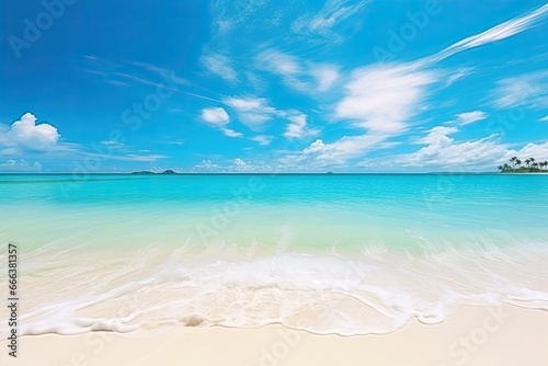 Panorama of a Beautiful White Sand Beach and Turquoise Water: Summer Beach Escape