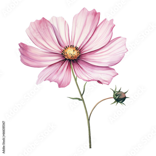 Cosmos flower watercolor clipart on transparent background. Generative AI illustration