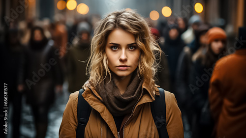 Portrait of tired young woman student standing alone in city center and looking at camera with straight face while crowds of men and women are whizzing around