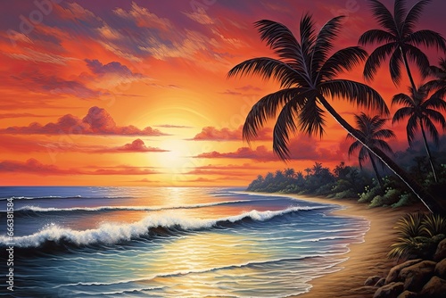 Panoramic Beach Landscape: Stunning Beach Sunset with Palm Trees Immersed in Tropical Beauty