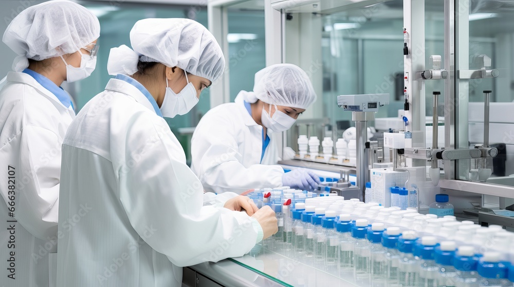 Naklejka premium Staff inspecting medical vials on production line in pharmaceutical factory