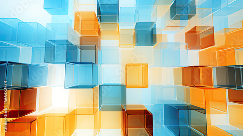 Texture background with random 3d cubic crystal boxes in bright blue and yellow colors