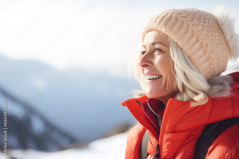 Photo of mature senior female on top of mountain in ski resort