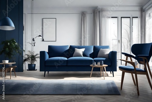 Dark blue sofa and recliner chair in scandinavian apartment. Interior design of modern living room. 