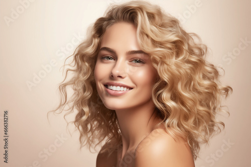 Photo of beauty blonde female with curly hairs on beige background