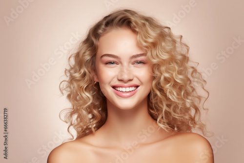 Photo of beauty blonde female with curly hairs on beige background