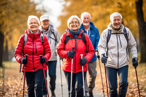 A group of pensioners are doing Nordic walking in the park. photo