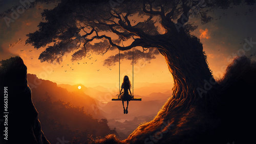 Golden Hour Swing: Girl on a Giant Tree at Ochre Sunset photo