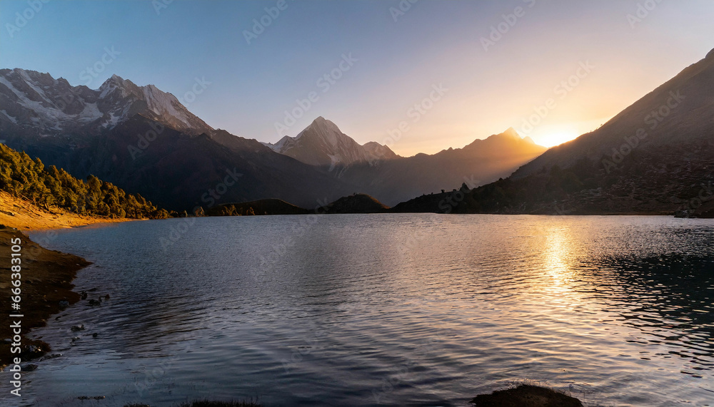 First Light Magic Sunrise at the Lake with Mountains