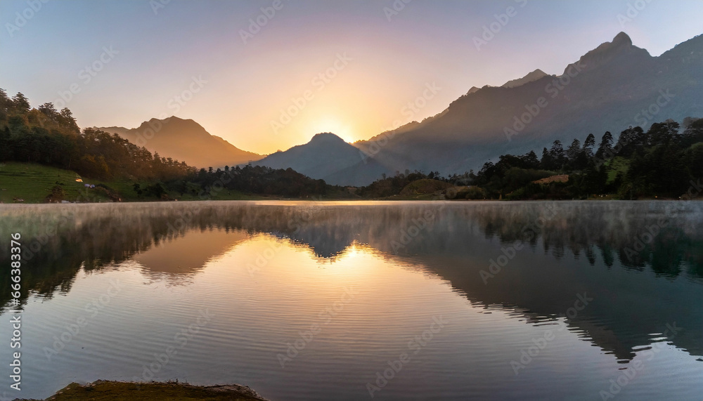 First Light Magic Sunrise at the Lake with Mountains