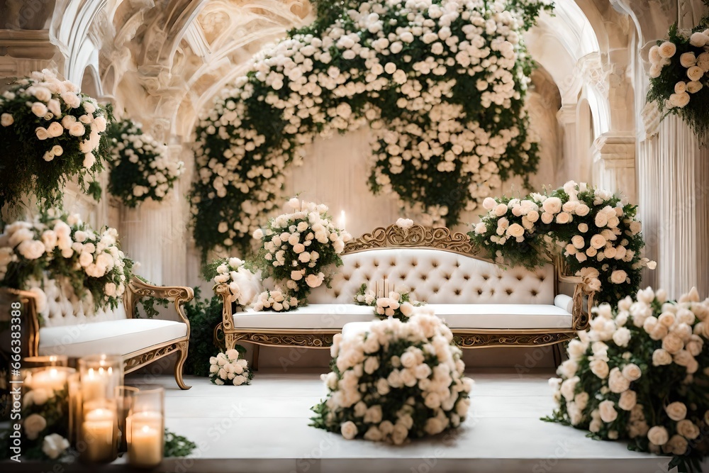 luxury wedding decorations with bench, candle and flowers compis