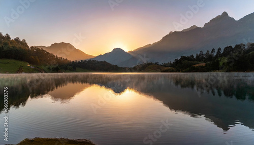 First Light Magic Sunrise at the Lake with Mountains