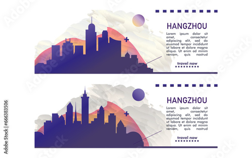 China Hangzhou city banner pack with abstract shapes of skyline, cityscape, landmarks and attractions. Zhejiang travel vector illustration set for brochure, website, page, header