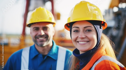 Happy Woman and men worker look at camera on oil and gas Offshore construction platform background. © lelechka