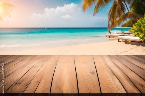 Wooden black table top on blur tropical beach background - can be used for display or montage your products. High quality photo 