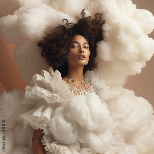 Portrait of a beautiful bride with clouds. Dreamy and serene atmosphere. Abstract fashion concept