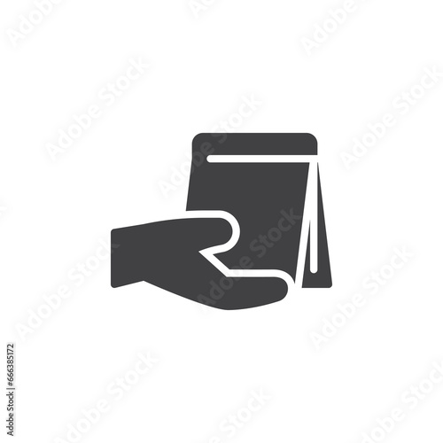 Hand with paper bag vector icon